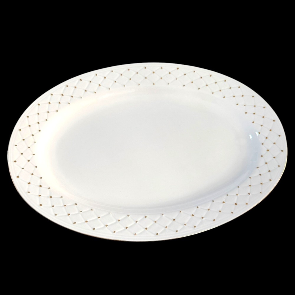 Gibson GOLDEN BASKET Oval Serving Platter 12" Gold Dots‎ Embossed Weave 2002 Vtg